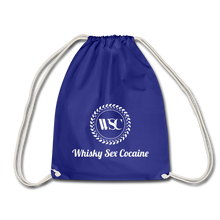 Load image into Gallery viewer, Whisky Sex Cocaine: Branded Drawstring Beach Bag - royal blue