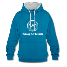 Load image into Gallery viewer, Whisky Sex Cocaine: Branded Two-Tone Hoodie - peacock blue/heather grey