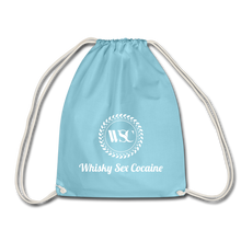 Load image into Gallery viewer, Whisky Sex Cocaine: Branded Drawstring Beach Bag - aqua
